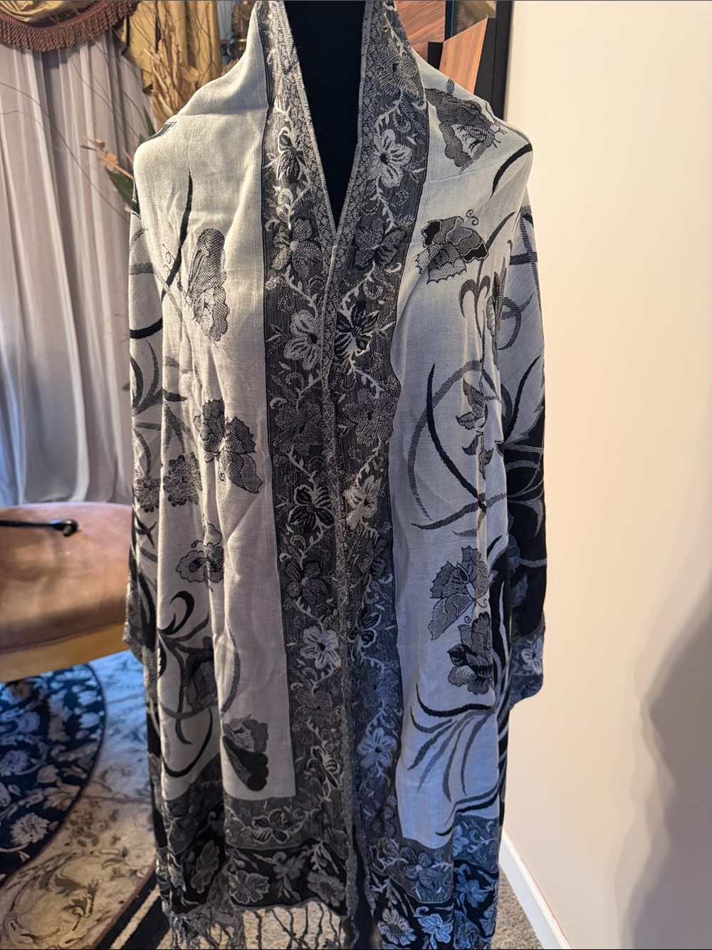 Lightweight Floral Shawl Wrap in Gray, Black and White